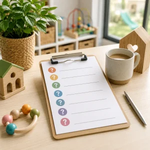 Seven-question childcare subsidy checklist on a warm wooden desk with colourful childcare toys and family-focused learning elements.