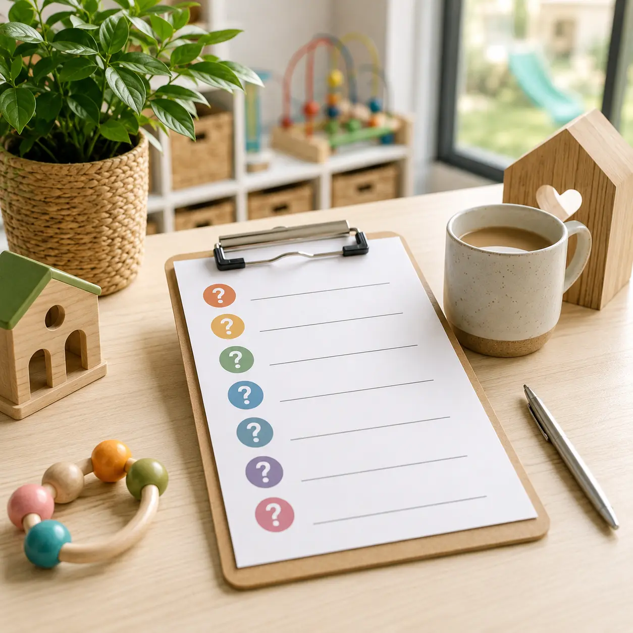 Seven-question childcare subsidy checklist on a warm wooden desk with colourful childcare toys and family-focused learning elements.