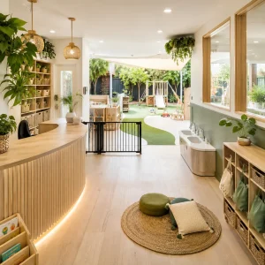 Bright childcare centre interior with reception area, secure safety gate, child-height sink, organised storage, and outdoor play area visible in the background.