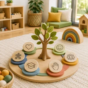 Seven colourful learning symbols arranged around a wooden tree in a bright early learning playroom, representing the benefits families value in early education programs.