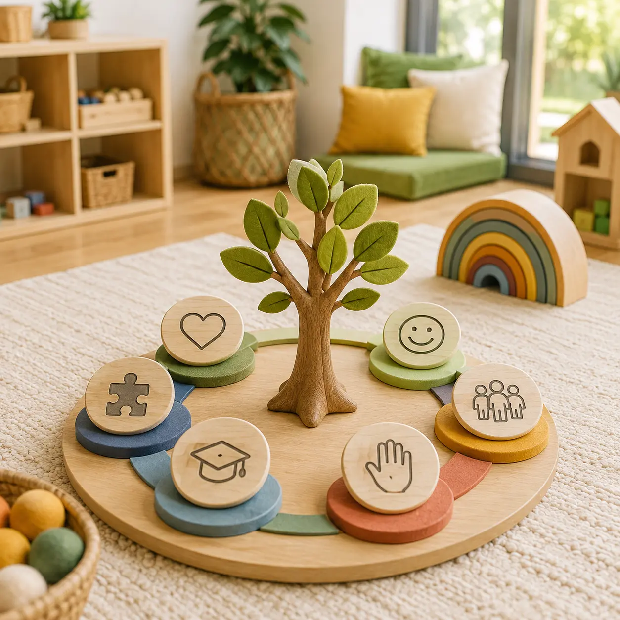 Seven colourful learning symbols arranged around a wooden tree in a bright early learning playroom, representing the benefits families value in early education programs.