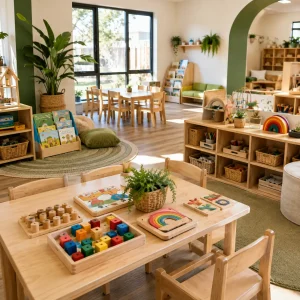 Bright, well-organised early learning centre classroom with child-sized furniture, educational toys, books, creative learning areas and natural greenery.